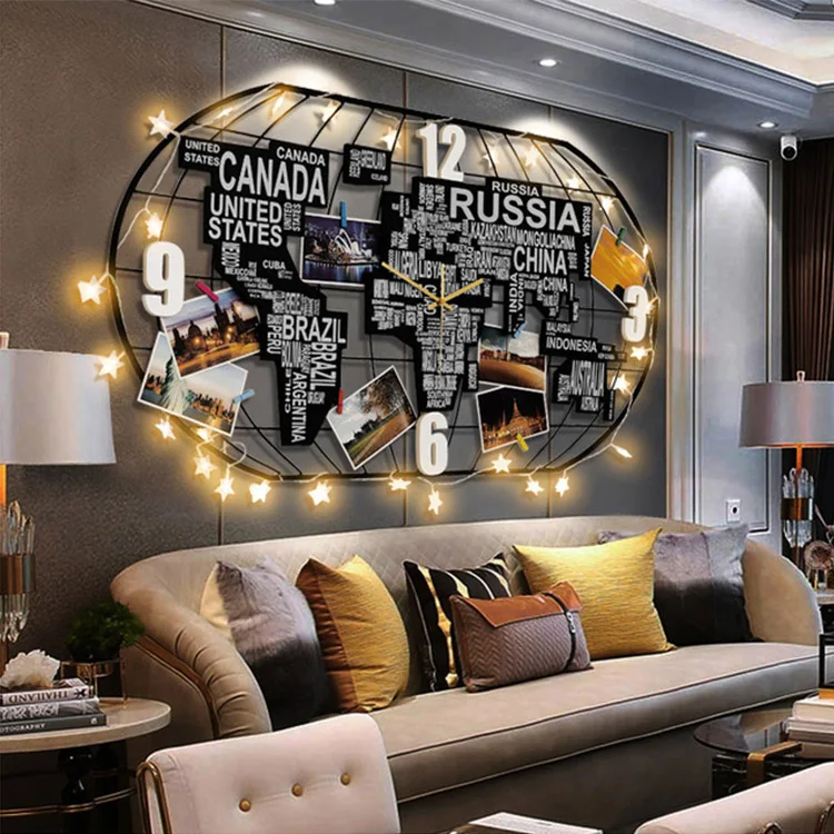 

Modern Luxury World Map Silent Sweep Quartz Movement Wooden Wall Clock Home Decorative With LED String Light Star