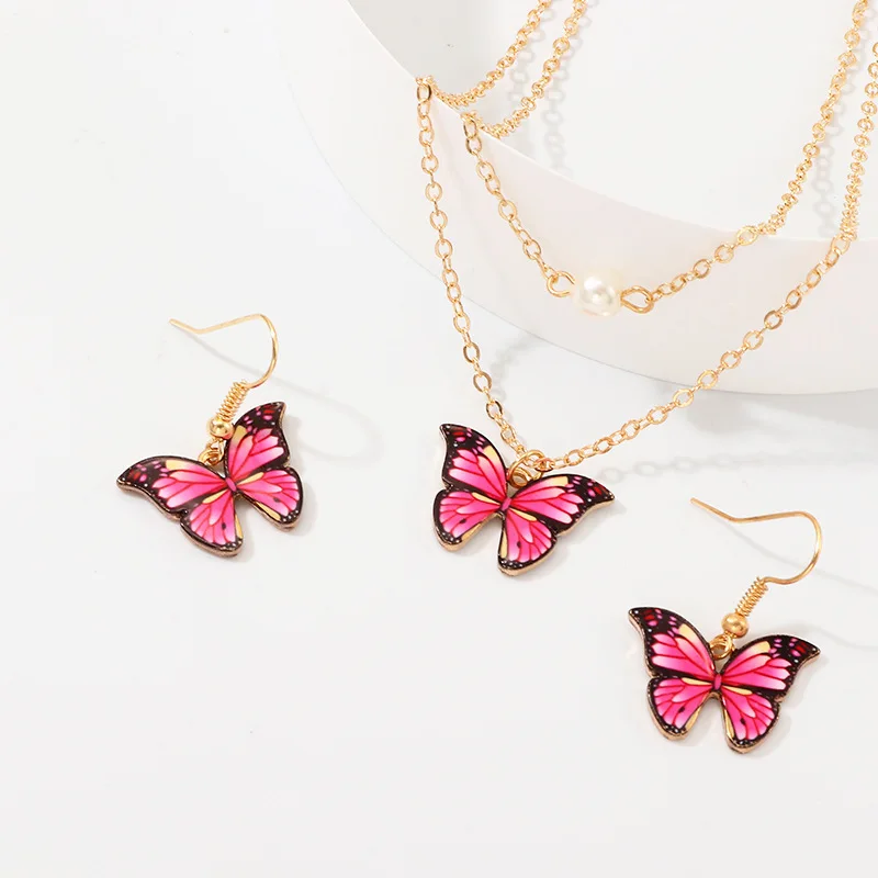 

Delicate jewelry set with gold-plated alloy enamel butterfly necklace earrings