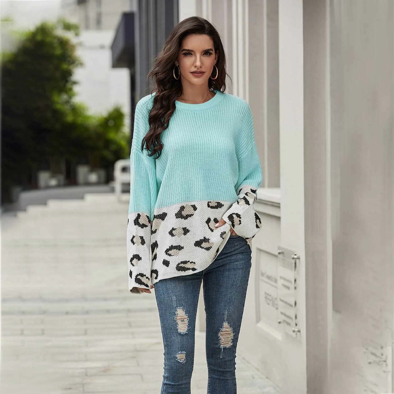 

wholesale custom knitted leopard long sleeves crew neck pullover sweater for women