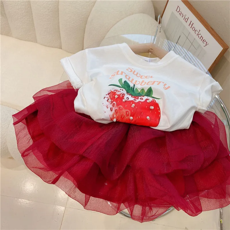 

LZH Toddler Girls Clothing Sets Summer Kids Clothes Strawberry Top + Mesh Skirts 2pcs Outfit Suit Children's Clothing
