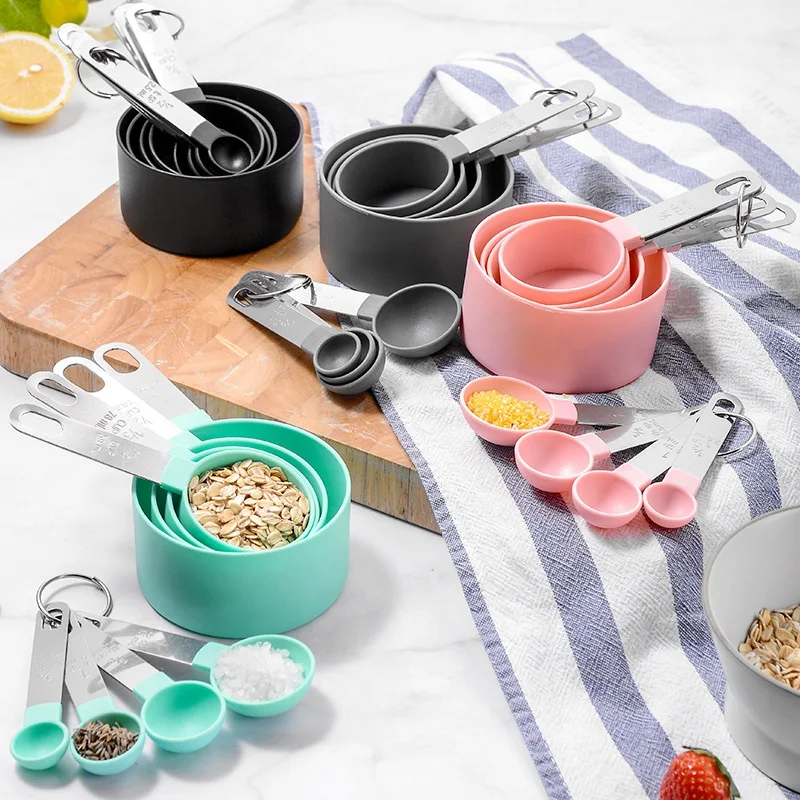 

Eco Friendly Silicone Measuring Cups and Spoons Set of 8 Piece Nesting Measure Cups with Stainless Steel Handle, Black, blue, pink, white, grey,