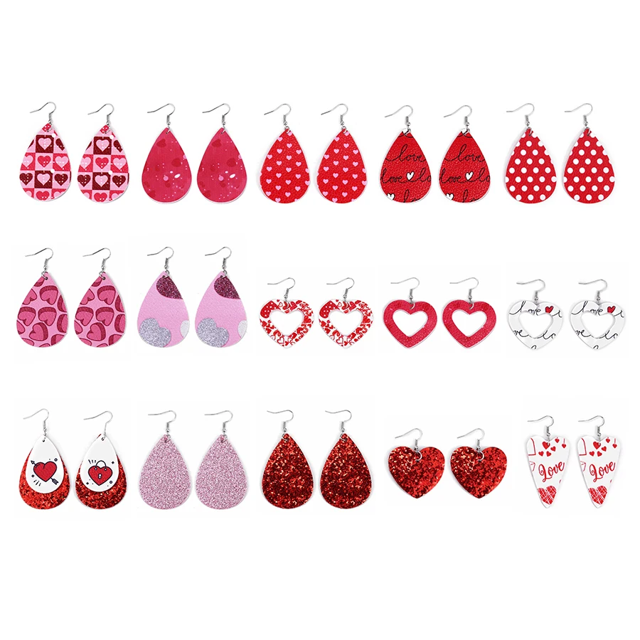 

E-1181 Xuping new design Valentine's Day gift leather material drop shaped heart patterns hook earrings