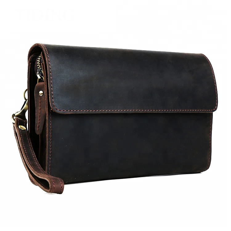 

TIDING Brown Vintage Crazy Horse Leather Clutch Bag For Man