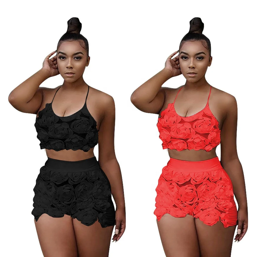 

B64176A Spring 2021 European and American women's floral neck leisure two pieces set, Red/black