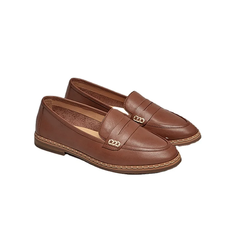 

New leather women's shoes loafers round toe flat comfortable slip-on solid color simple high-end brown women's shoes