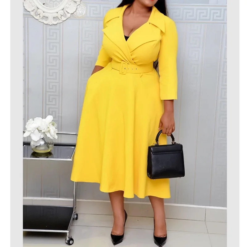 

Yellow Notched Plus Size Pleated Midi A-line African Lady Casual Dress, Yellow, burgundy, gray