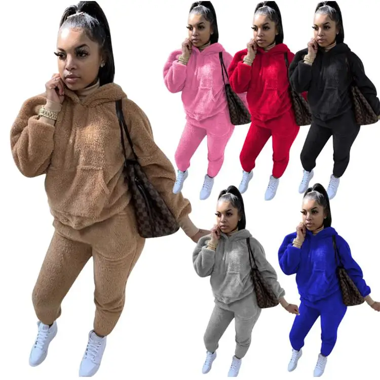 

Hot Sale 2 PCS Sets Outfits Loose Warm Thick Solid Color Hoodies Pants Fall Winter Women Clothing Two Piece Set