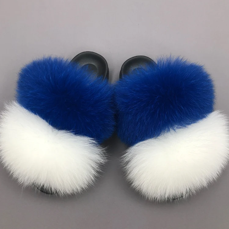 

New white and blue pvc sole non-slip fluffy fur slides, 2 strap real fox fur slides slipper wholesale, Customized color