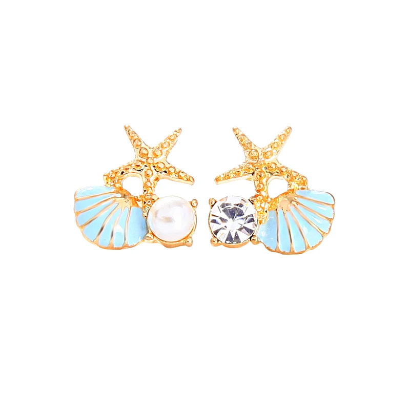 

e0978 2021 Fashion Jewelry Diamond Pearl Blue Enamel Shell Starfish Earing 14K Stud Earrings Gold Plated For Women