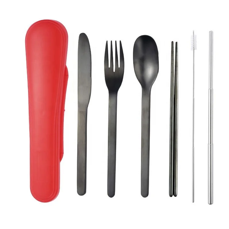 

Portable Outdoor Travel Black Flatware Set Korean Stainless Steel Knife Fork Spoon Cutlery Set With Case Customized Logo