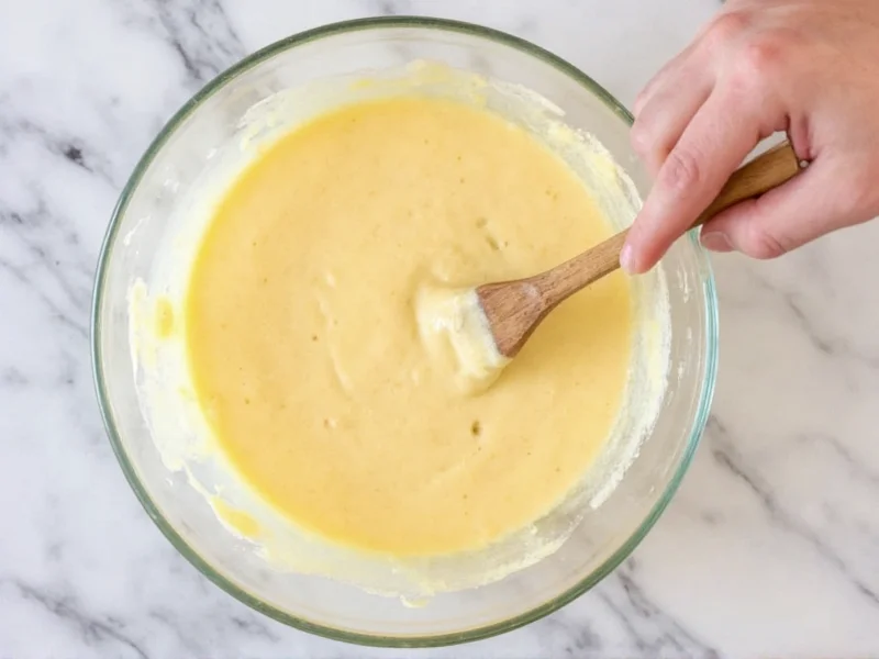 Whisking pancake batter in glass bowl with wooden spoon