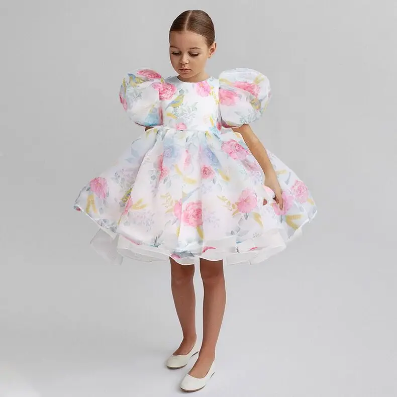 

New fashion toddler girls boutique short puff sleeve floral tulle lace FROCKS party dress layered princess ball gown for girls, Picture shows