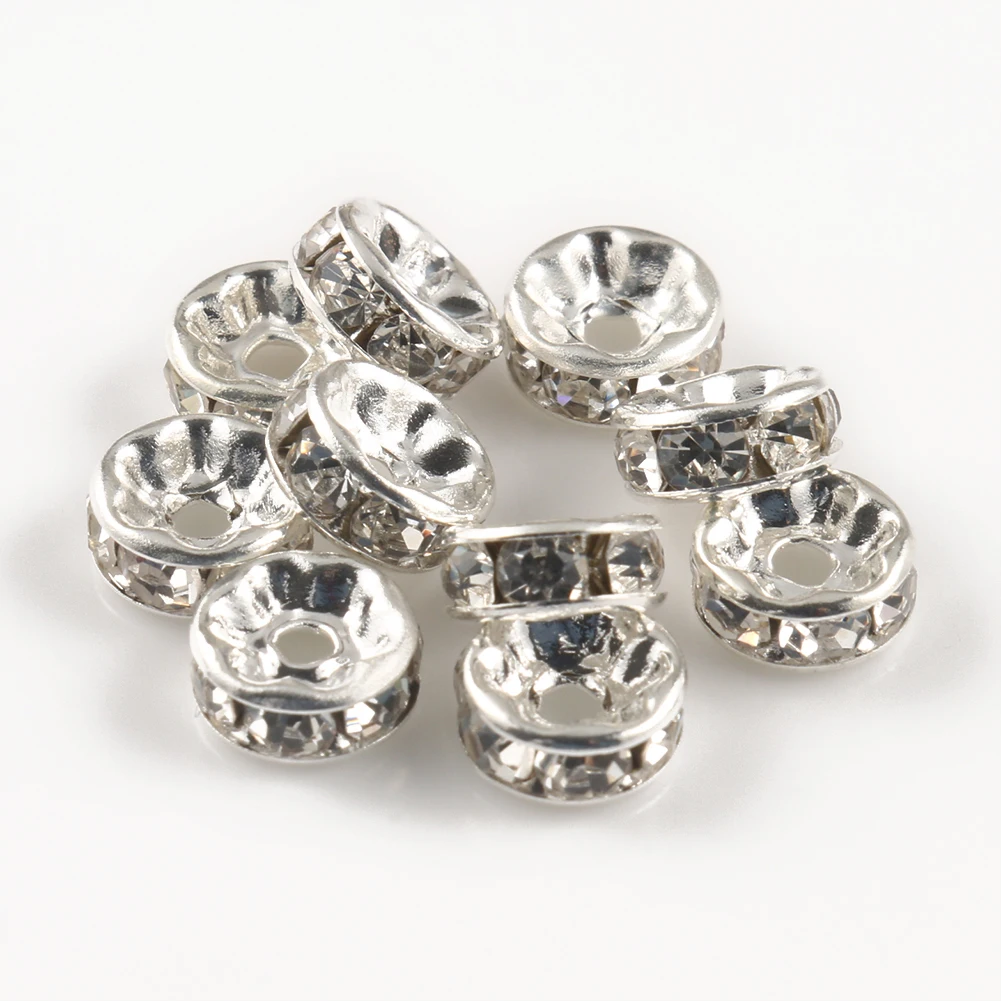 

Wholesale 50pcs/bag 4/6/8/10mm Metal Crystal Rhinestone Silver Color Rondelle Spacer Beads forJewelry Making