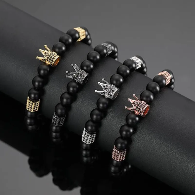 

Matte Black Men Bracelets Charm Crown Stretch Beaded Bracelet Jewelry