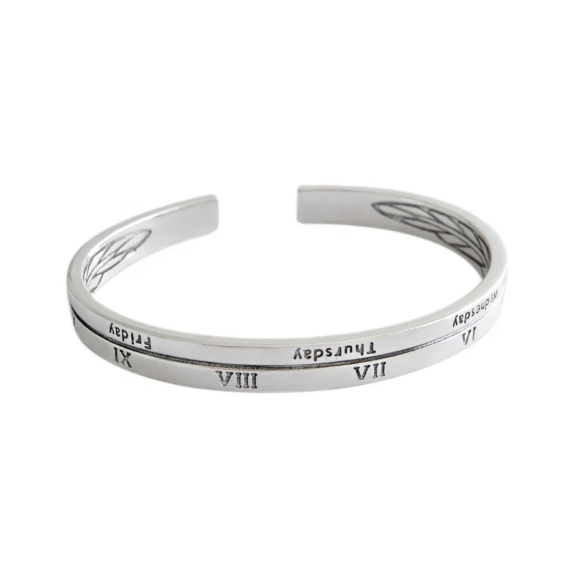 

NewSB130 rhodium plated unique gift women bracelet roman script engraving 925 sterling silver bangle