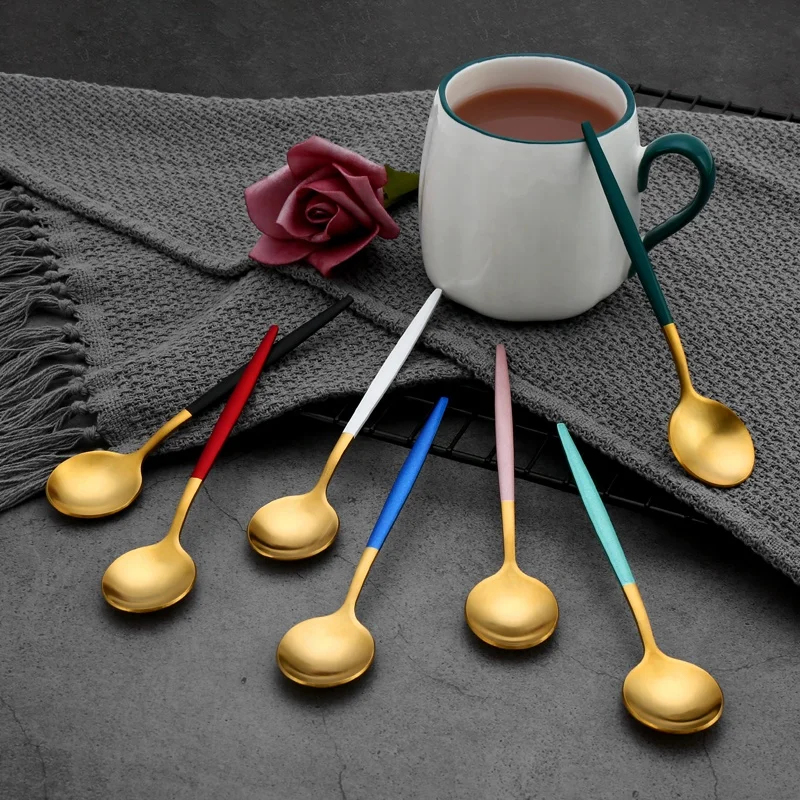 

Popular Cheap Price Colorful Metal  Dessert Ice Cream Tea Spoons Matte Stainless Steel Gold Tea Spoon for Cup, Silver/ gold/ black/ rose gold/ iridescent/ gold black