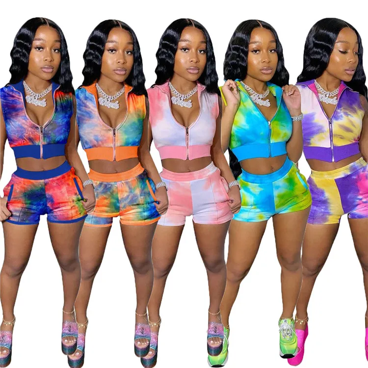 

2022 Casual Ladies 2 Pcs Tracksuit Stretchy Jogging Tie Dye Zipper Top Shorts Sports Women Two Piece Set