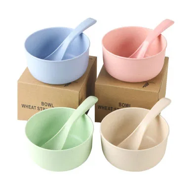 

Eco friendly biodegradable cookware sets wheat straw baby bowl with spoon and box, Beige,green,pink,blue