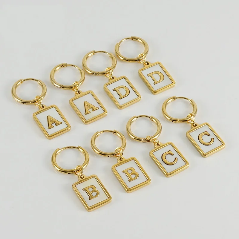 

Factory Stainless Steel Gold Earrings White Shell Letter Initial Earrings Hoop Drop Letter Earrings for girls