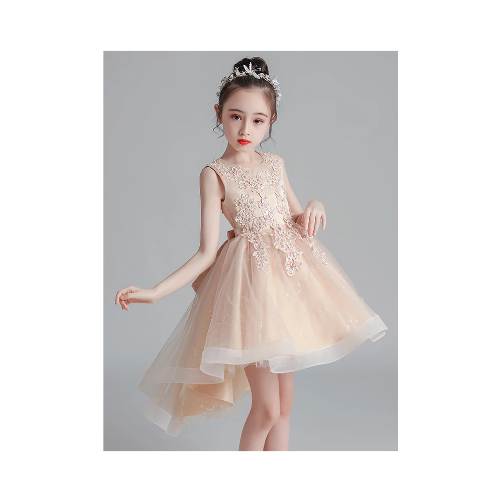 

2021 New Arrival Boutique Kids Wear Girls Evening Gowns Children Birthday Party Dress with Long Tail Champage Ivory White Pink, As shown