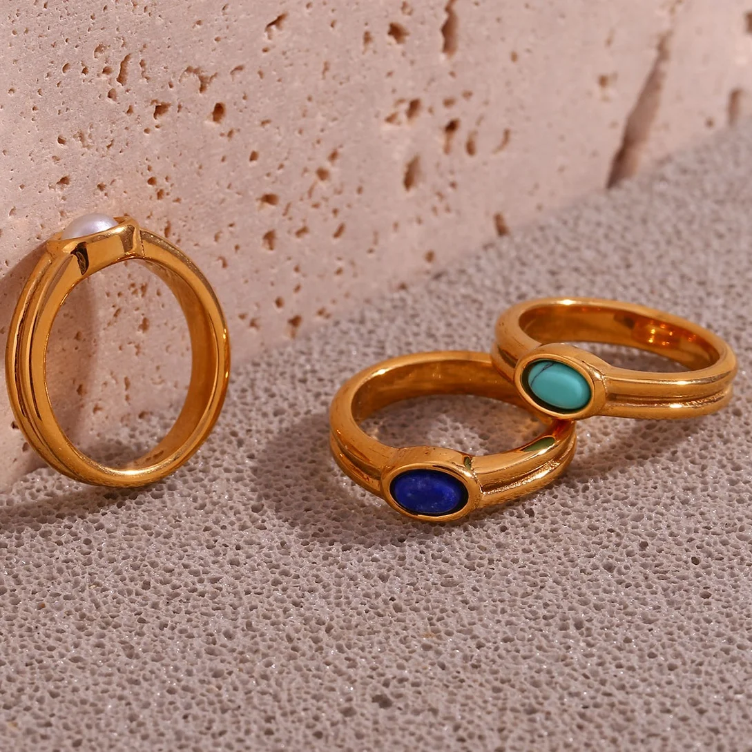 

Dainty Texture Gemstone Turquoise Rings PVD Gold Plated Stainless Steel Engagement Ring