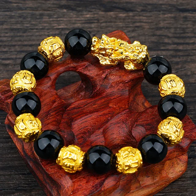 Feng Shui Good Luck Bracelets For Men Obsidian Bead Dragon Lucky Charm