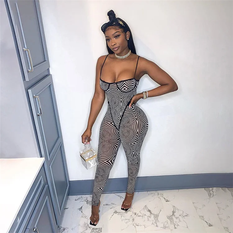 

2021 new net yarn printing spaghetti belt bodysuit 2 piece jumpsuit sexy mesh collocation pants jumpsuit