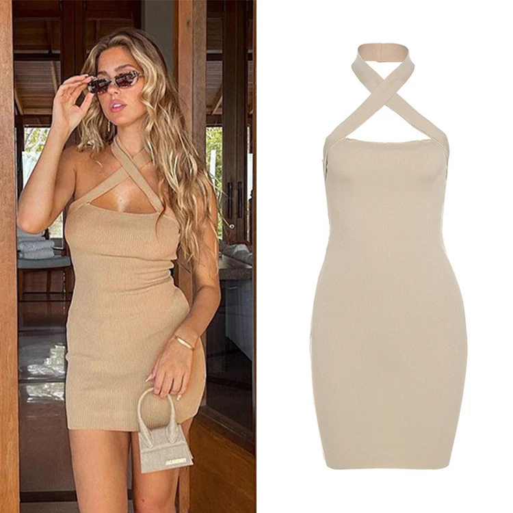 

2021 Latest Design Halter Sleeveless Solid Women Mini Dress Hollow Out Casual Backless Sexy Women Dress