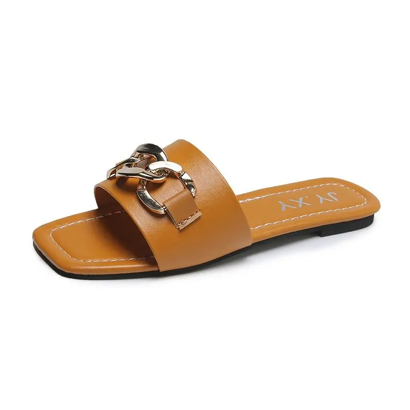 

2021 summer new style European and American style metal chain square head flat-bottomed sandals and slippers