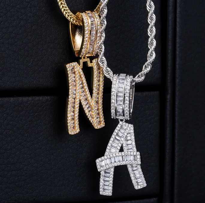 

KRKC Hip Hop Baguette Crystal Diamond Iced Out a-z Initial Letter Chain Necklace Pendant Jewelry Custom Name Letter Pendant