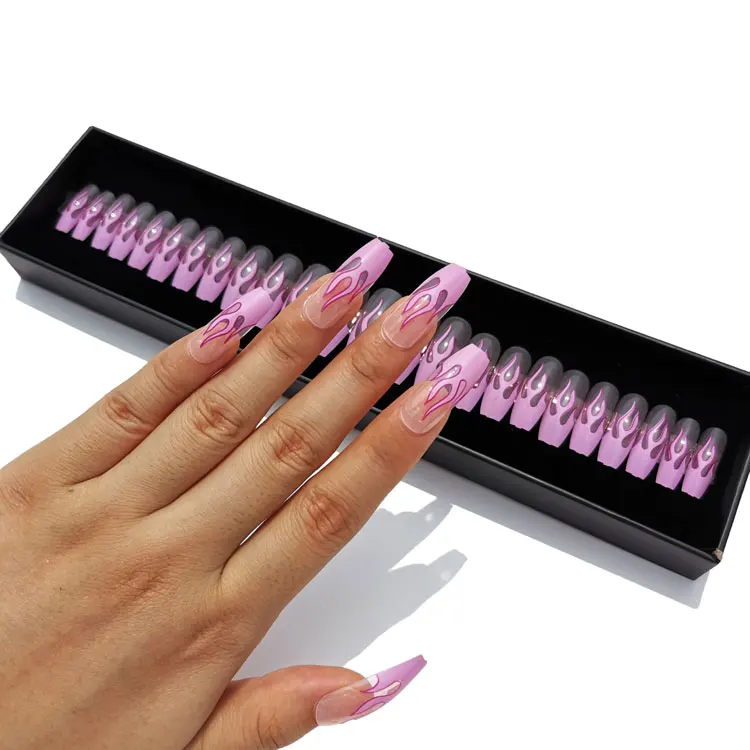 

Artificial fingernails Pink Fire long coffin fake nails 24pcs press on nails with private label, White