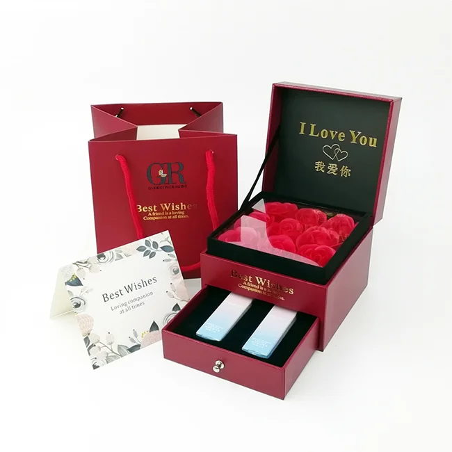 

Custom Luxury Square Double Layer Gifts Packaging Rose With Drawer Flower Jewelry Box, Green, blue or customized