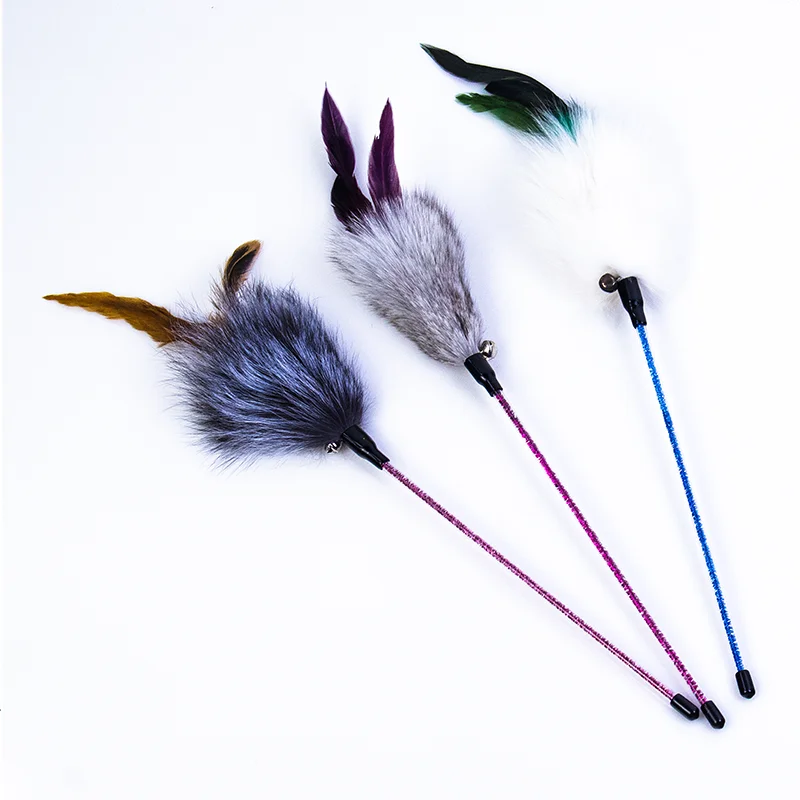 

Pet Interactive Toys Manufacturers Plush Stick With Bells Cat Feather Teaser, As picture
