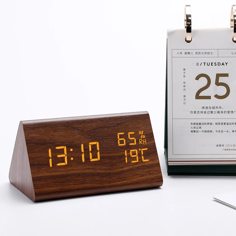 

Wholesale High Quality Voice control LED Wooden alarm clock Digital display temperature and humidity time, Customized color