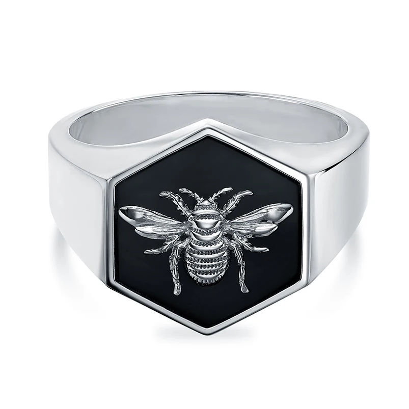 

Gemnel 925 sterling silver 18k gold vermeil 0.1 microns bee black enamel signet men rings