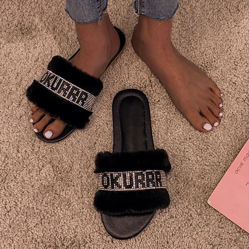 

Antiskid Wholesale Custom Glitter Furry Fur Women slipper slides