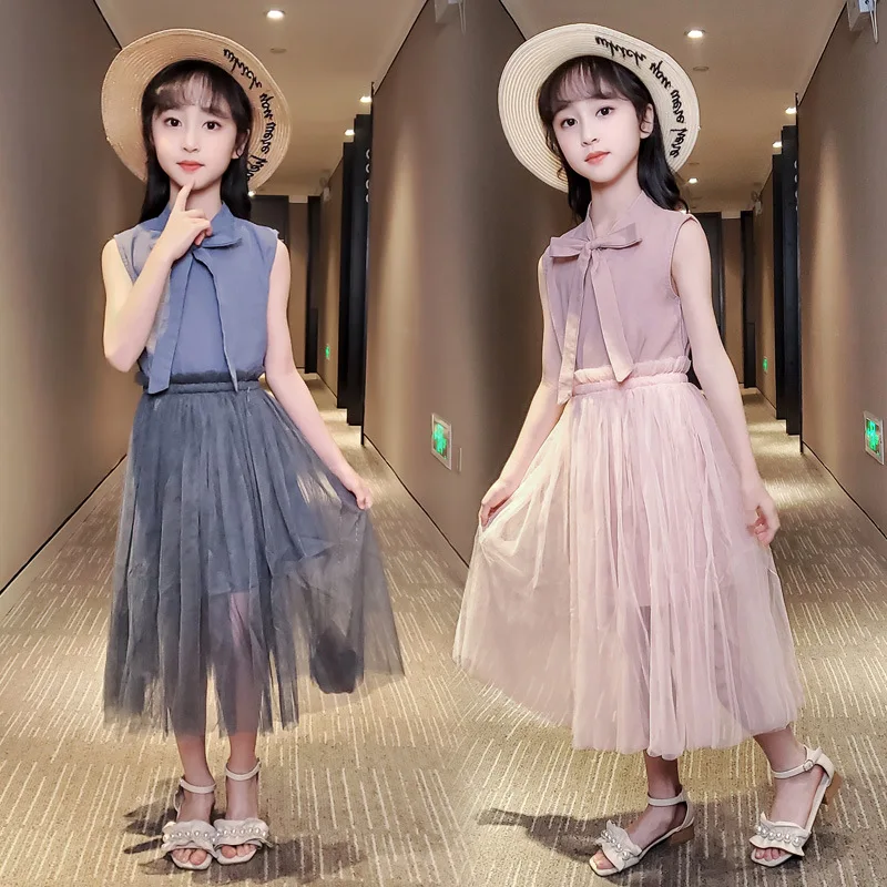 

2021 Children Baby Clothes Set Solid Mesh Skirt 2PCS Suit Fashion Summer Dress Teen Girls Kid Clothing Sets 4 To 12 Years Old