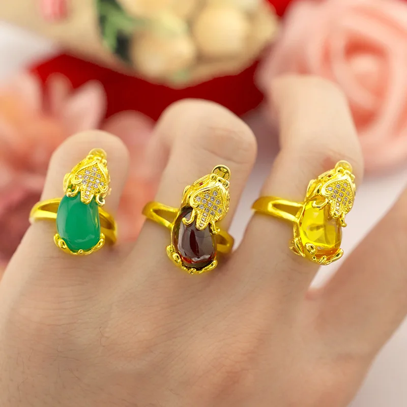 

18K Gold Plated Opening Adjustable Brass Ring Crystal Pixiu Lucky Gem Rings, Red, green, yellow