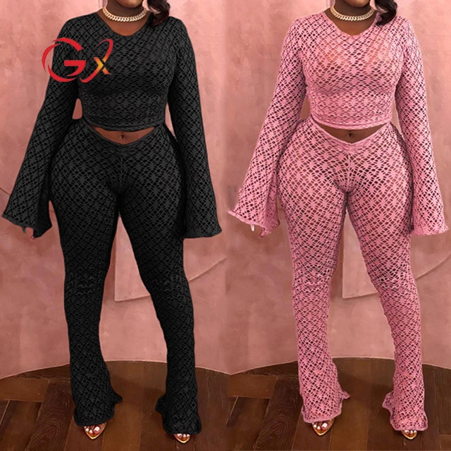 

GX0939 Spring 2024 Women Clothing Vendor Lady Sexy Night Club Wear Hollow See Through Cropped Top and Flare Pant 2 Piece Set