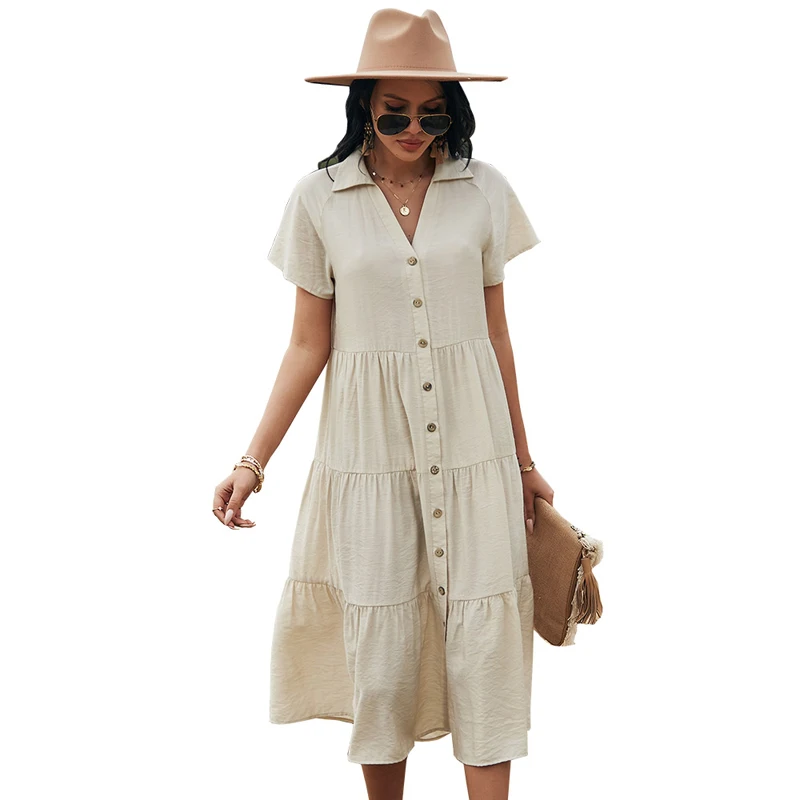 

Women Lapel Short Sleeve Summer Shirt Dress Casual Button Dresses