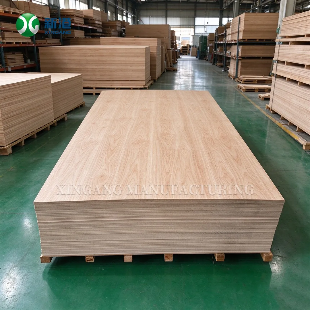 Stack of light oak looped-figure HPL sheets on a pallet in the warehouse