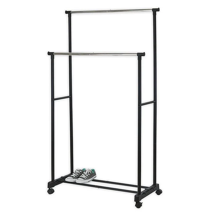 Black Double Rail Adjustable Rolling Garment Rack With Wheels For ...
