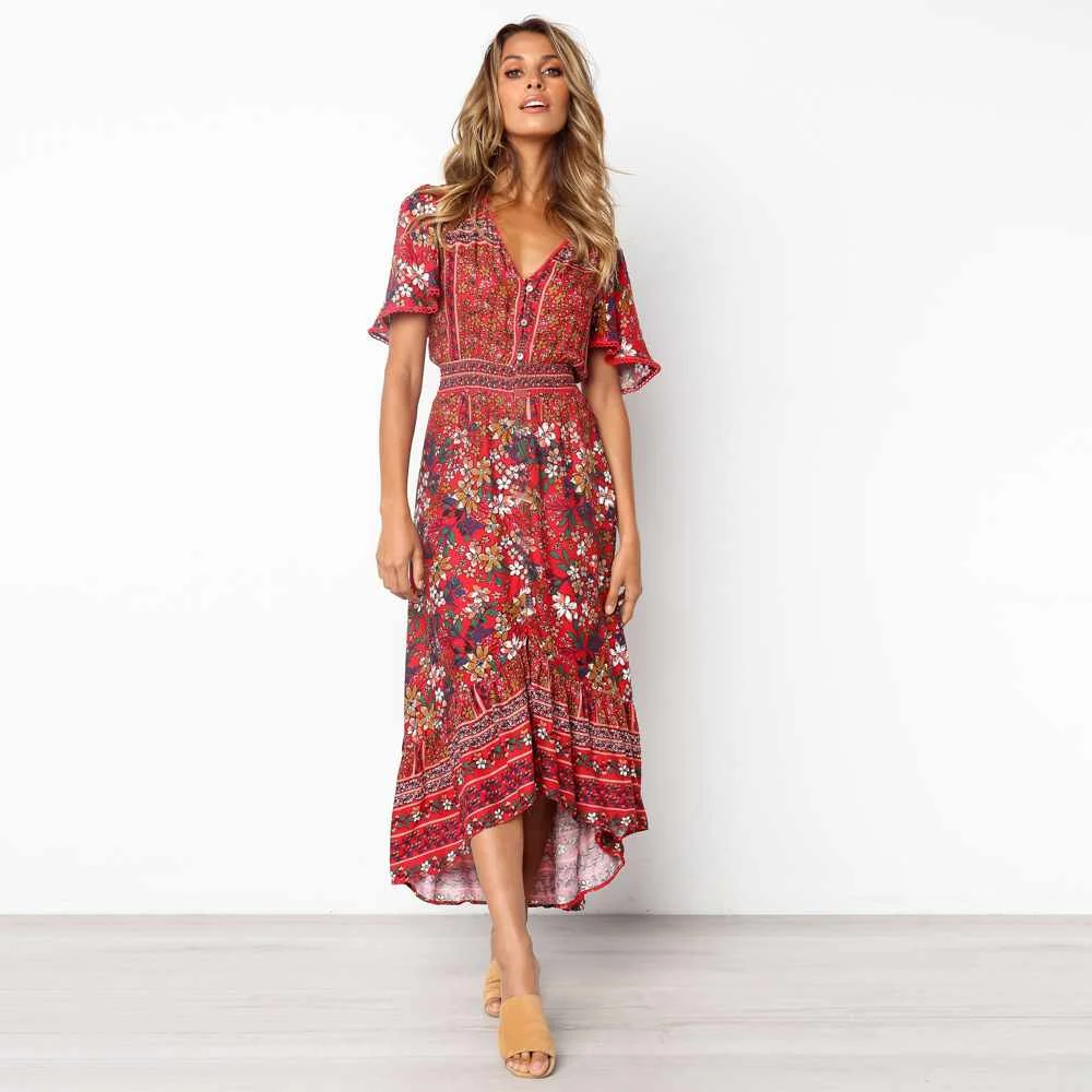 

New Summer Wholesale Women's Bohemian Beach Print Short Sleeve Dress, Picture color