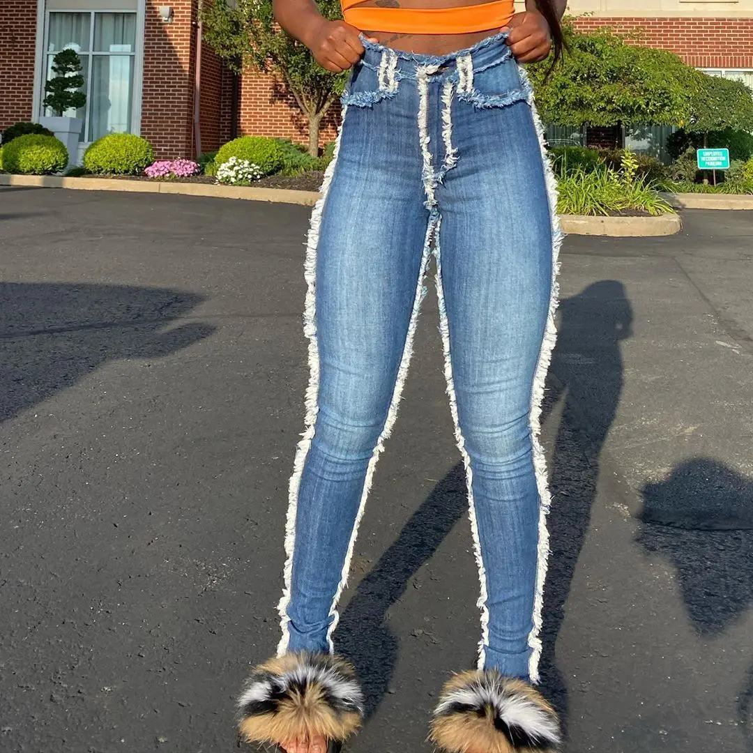 

X00676M Phoenix Autumn 2020 new women's casual Plus-size jeans High-waisted woollen slim pencil trousers