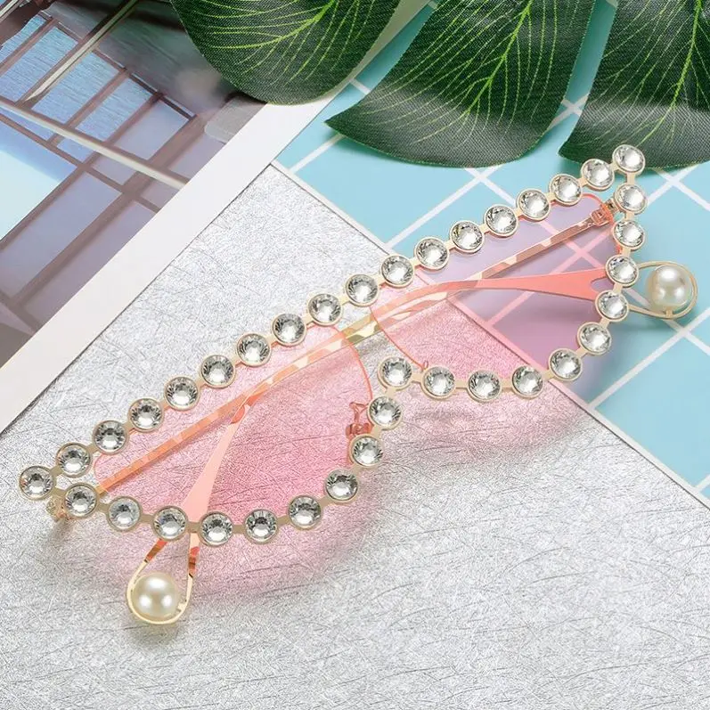 

Fashion Half Diamond Frame Unisex Women Glasses Shades Sunglasses 2021 Cateye Sunglasses With Pearl, Any color as picture