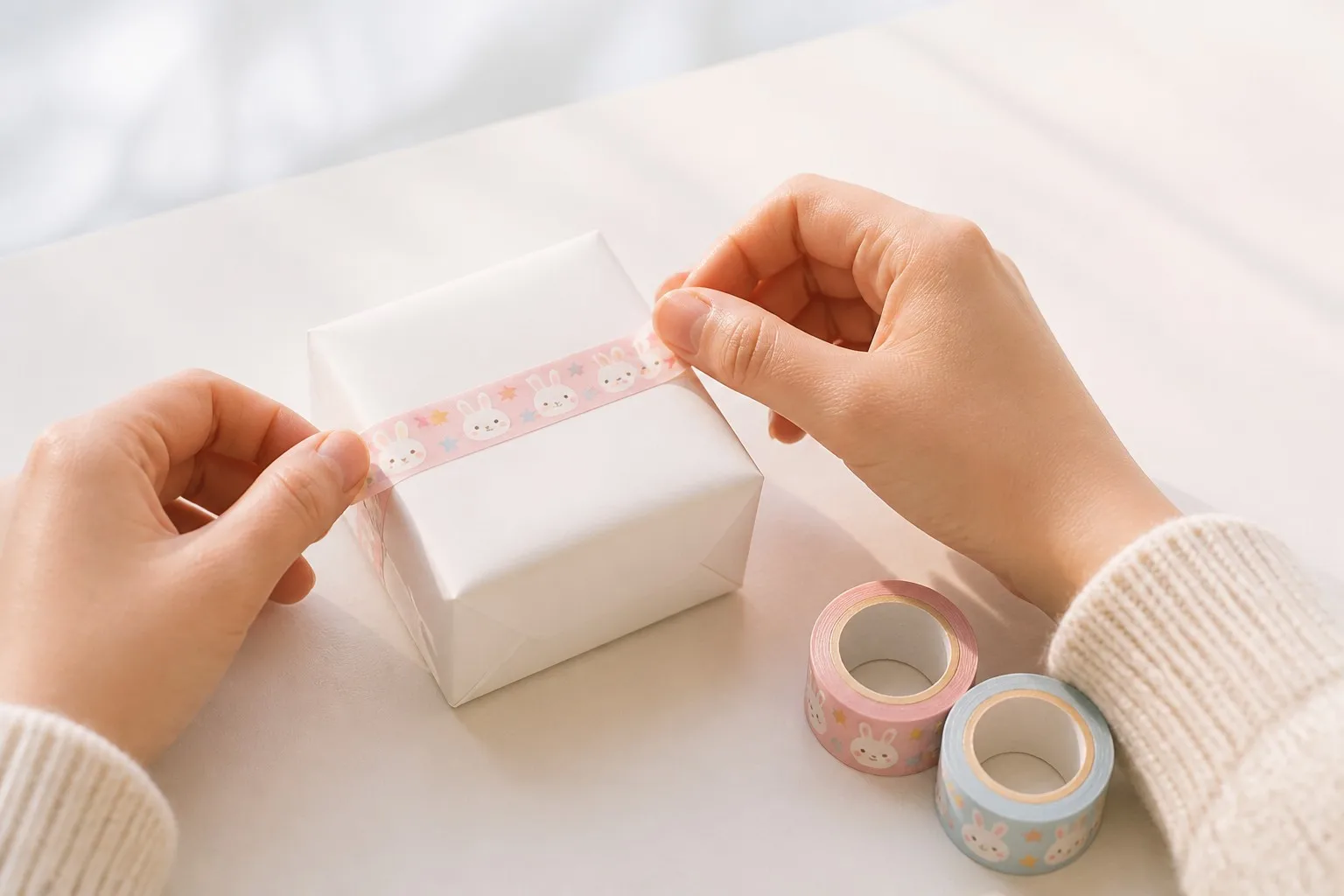 Gift wrapping with cute bunny washi tape