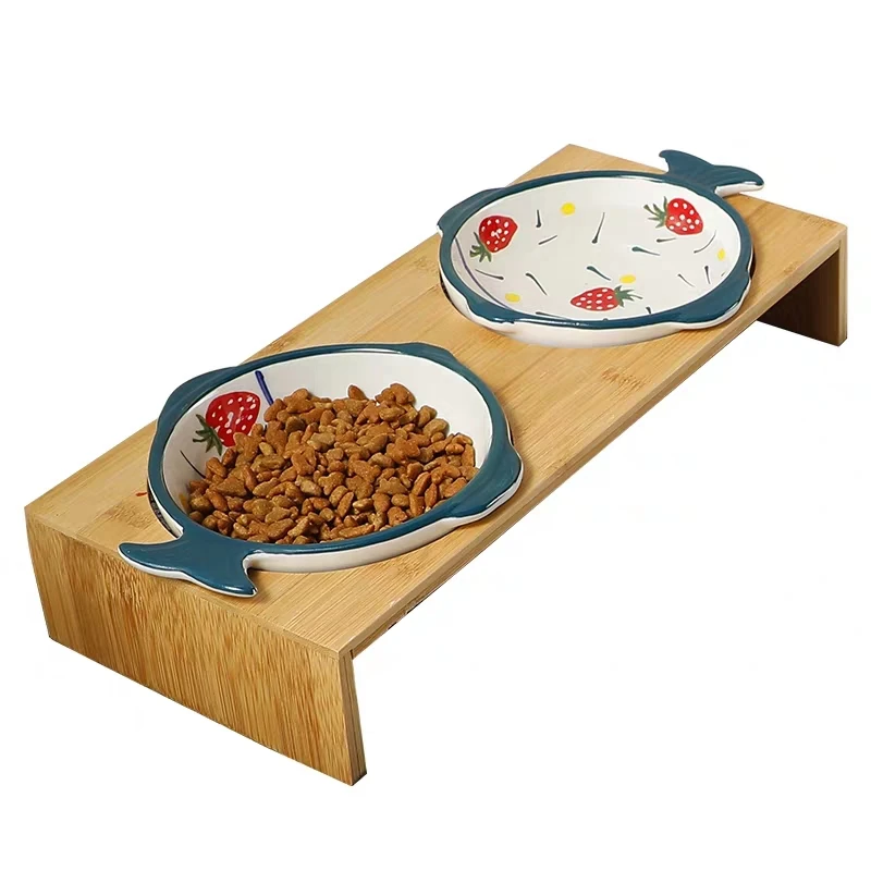 
custom madeCat bowl bamboo rack hand color ceramic double bowl Pet bowl protect cervical china manufacturer 