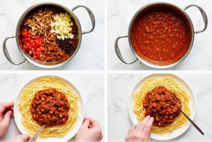 Step-by-step preparation of Cincinnati-style chili showing ingredients, cooking process, and final plating over spaghetti