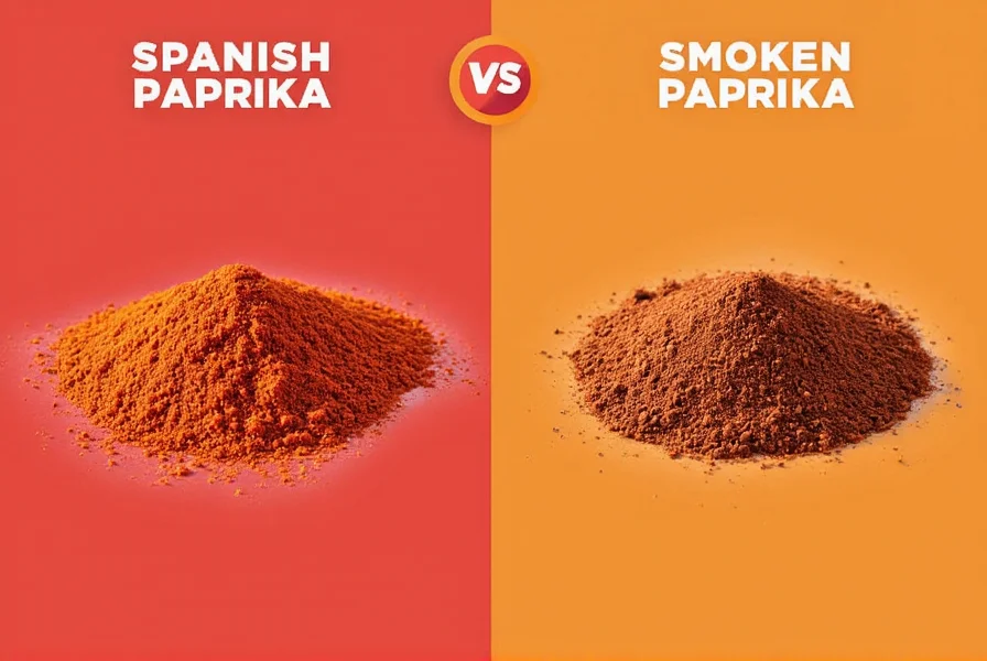 Spices on a wooden table: Spanish Paprika and Smoked Paprika side by side
