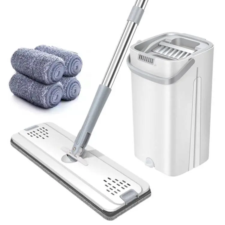 

FF277 Home Floor Cleaning Tools Squeeze Mop Bucket Set with Stainless Steel Handle Microfiber Flat Mop Bucket Set, White/blue